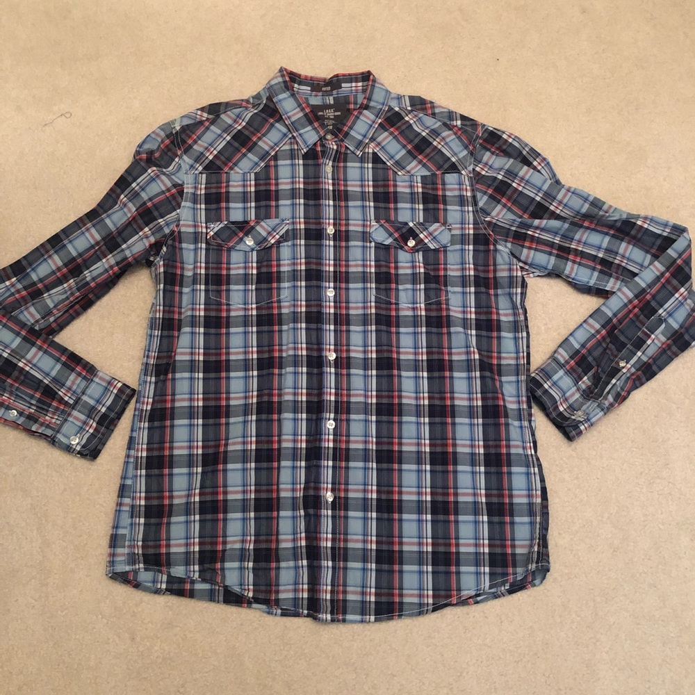 H&M L.O.G.G. Fitted Plaid Long Sleeve Button Down Shirt red white blue size XL - Picture 2 of 5